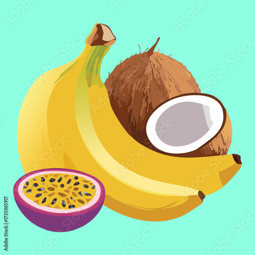A collection of tropical favorites: bananas, coconuts, and passion fruit, symbolizing a sun-drenched getaway and natural goodness - Vector Illustration	