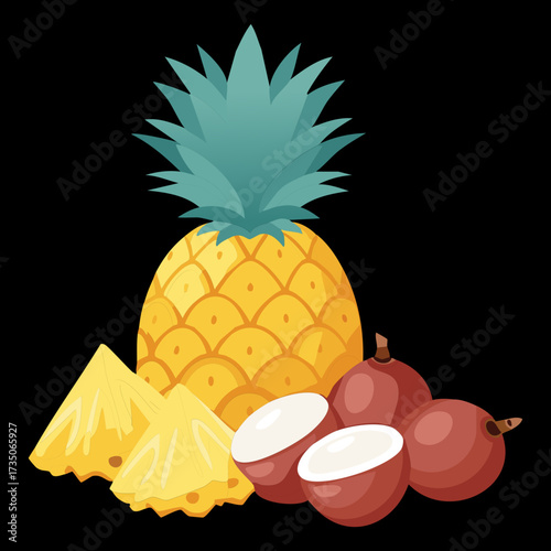 Pineapple and other exotic tropical fruits like rambutan and lychee artfully arranged, promising a taste of the lush tropics and sweet flavors - Vector Illustration	