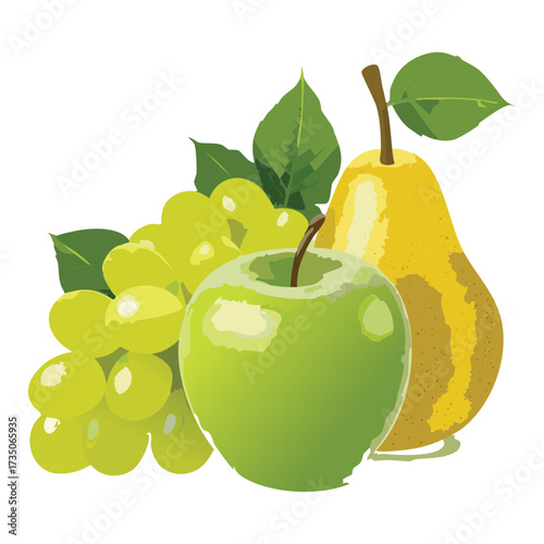 A bountiful array of assorted green fruits like grapes, apples, and pears, highlighting a crisp, refreshing, and healthy diet choice - Vector Illustration	