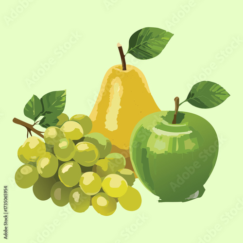 A classic still life of green and red apples, grapes, and pears, creating a balanced and healthy display of orchard fruits - Vector Illustration	