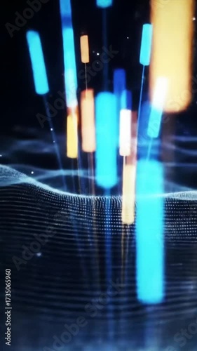 Abstract Data Visualization with Glowing Bars and Wavy Surface.