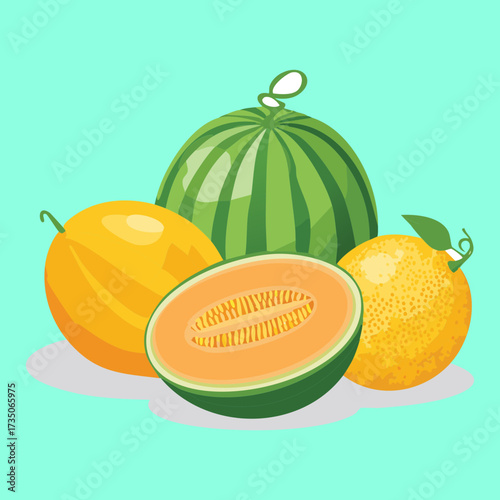 Two golden melons and a large striped watermelon, representing refreshing and sweet summer fruit on a light aqua background - Vector Illustration.	