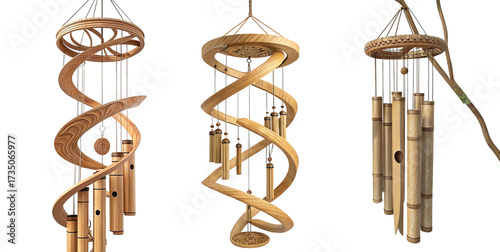 Captivating wooden wind chimes bring serene melodies and natural elegance to any outdoor living space, creating a tranquil ambiance.