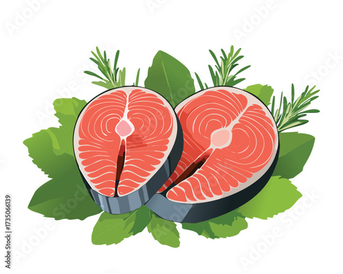 Two symmetrical salmon cross-sections or fillets on a mound of green leaves and spices, emphasizing freshness and quality in the image - Vector Illustration.	