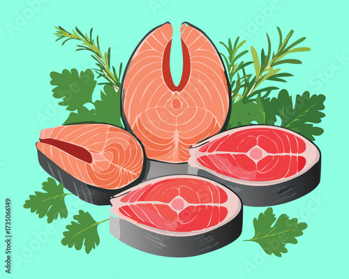 Bright slices of raw salmon steaks with a vibrant green herb and rosemary border, ideal for a cookbook cover or a menu design - Vector Illustration.	