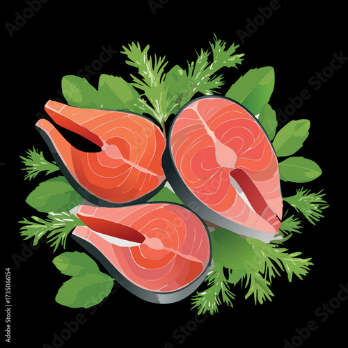 Thick cuts of rich red salmon or trout fillet resting on a bed of fresh green herbs and dill on a black background - Vector Illustration.	