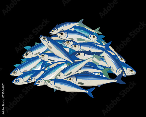 A tight cluster of delicious and shiny small blue fish on a black background, emphasizing texture and form for a modern culinary theme - Vector Illustration.	