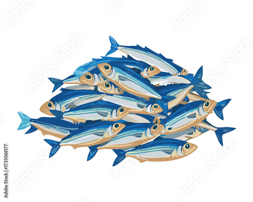 A dense and naturalistic grouping of fresh silver and blue small fish ready for a catch of the day display, suggesting abundance - Vector Illustration.	