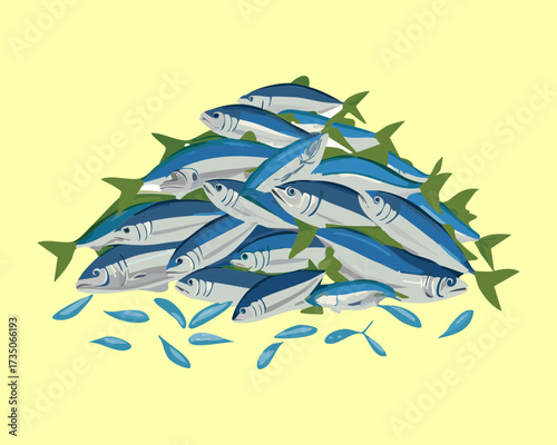 A pile of small silver fish, like sardines or anchovies, with a sunny yellow background, perfect for a seafood market design - Vector Illustration.	