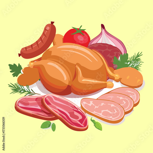 Roasted Chicken and Various Slices of Deli Meats and Sausages Arranged with Fresh Onions and Tomatoes - Vector Illustration	