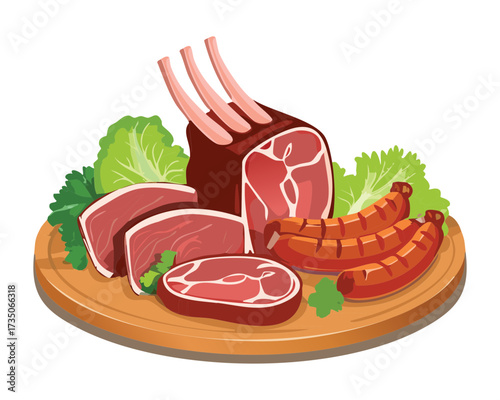 Raw Rack of Lamb, Beef Cuts, and Sausages Displayed on a Wooden Cutting Board with Fresh Herbs - Vector Illustration	