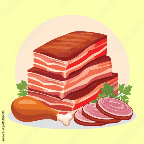 Stacked Slices of Cured and Smoked Belly Bacon on a Wooden Board, Perfectly Prepared for Breakfast - Vector Illustration	