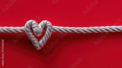 Nautical Knot of Love Heart Shaped on Vibrant Red Background Symbolizing Affection and Romance with Gentle Illumination and Simple Composition