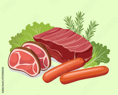 Thick Cuts of Raw Beef Steaks and Sausage with Carrots and Lettuce, Ready for Grilling or Roasting - Vector Illustration	