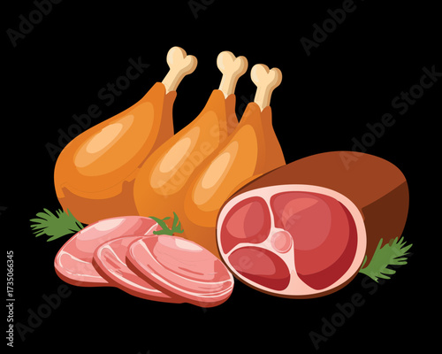Dark Background Display of Cooked Chicken Drumsticks and Sliced Raw Meat, Ideal for a Dinner Feast - Vector Illustration	