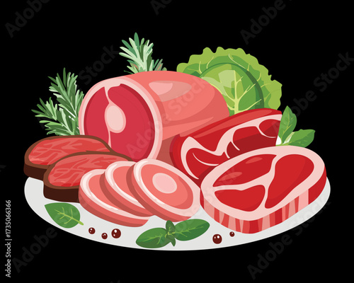 Dark Themed Composition of Various Red Meats, Sausages, and Cooked Ham Slices on a Platter with Greens - Vector Illustration	