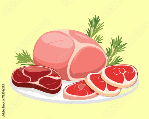 Assortment of Premium Raw Red Meats and Ham, Sliced and Ready for Preparation or Sale at the Butcher - Vector Illustration	