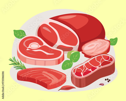 Various Pork Cuts Collection Including Bacon Rashers Loin Chops Tenderloin and Ham for Fresh Meat Grocery Store Display - Vector Illustration	