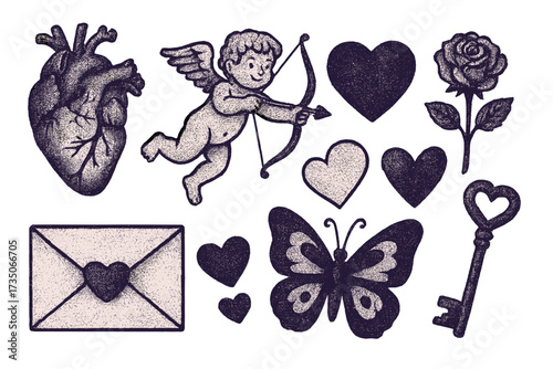Retro Valentine's Day elements set. Cupid, anatomical heart, rose, key, butterfly with vintage photocopy grain effect. Stipple dotwork tattoo flash style vector illustration.