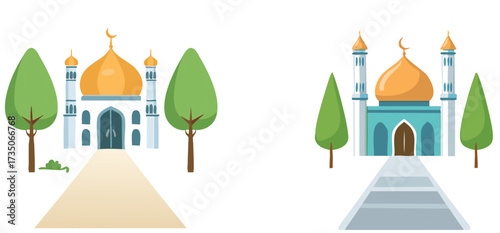 illustration of a green tree and green grass and mosque