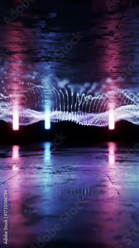 Abstract Cyberpunk Cityscape with Neon Lights and Reflections.