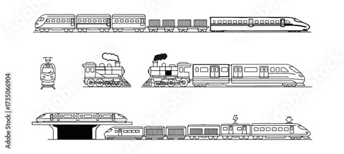 Various train types line art illustrations