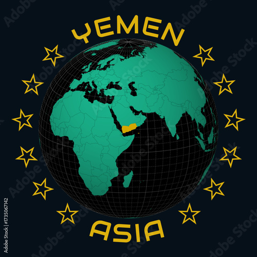 Yemen on Globe. Round country and continent name text. Country view on world map in Black Emerald color palette. Yemen shape on map. Classic vector illustration.