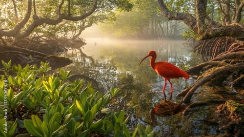 Scarlet ibis wading in tranquil mangrove forest at sunrise, vibrant red bird reflected in calm water, lush green foliage, peaceful atmosphere