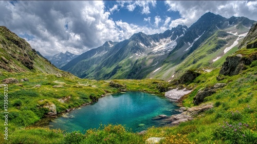 Mountain lake green grass wildflower blue sky cloud rocky scenic tranquil summer landscape with vibrant colors and peaceful atmosphere