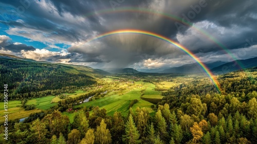 Aerial view of lush green valley dramatic sky double rainbow forest river sunlight peaceful vibrant landscape