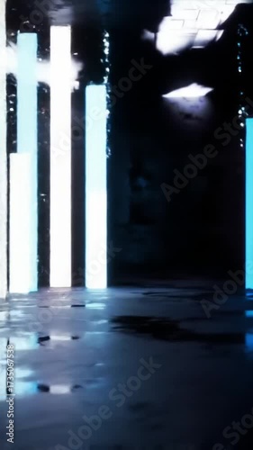 Abstract futuristic neon light columns in dark room.