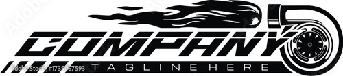 Vector illustration of an automotive company logo with bold typography, turbocharger engine, and flame design, symbolizing speed, power, racing, and modern performance.