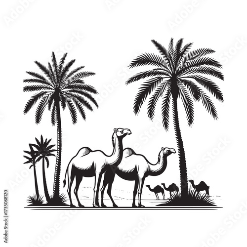 Desert Scene with Camel and Palm Tree