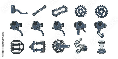 Bicycle components isolated on black background vector illustrations