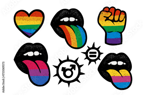 LGBTQ pride month elements set. Grunge punk style vector graphics. Gay, bisexual, pansexual flags. Rainbow heart, protest fist, equality symbol. Love and diversity concept.