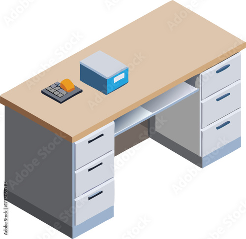 Isometric view of an office desk featuring a calculator and a storage box, emphasizing a tidy workspace.