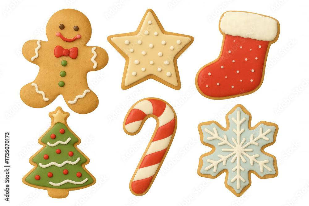 Fototapeta premium Christmas cookies set with gingerbread man, star, stocking, tree, candy cane, and snowflake icing on transparent background