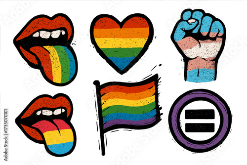 Pride month grunge sticker set. Halftone collage elements in punk style. Concept of lgbtq, love, equality, diversity. Rainbow, transgender, pansexual symbols collection.