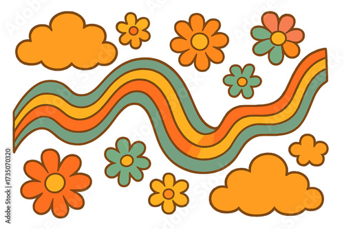 Retro groovy 70s background with cute cartoon flowers, clouds, and wavy rainbows. Vintage hippie flower power vector illustration set for design. Abstract shapes isolated.