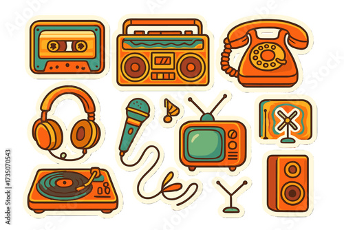 Retro groovy sticker set of vintage electronics. 80s style collection: cassette, boombox, phone, headphones, microphone, record player, television. Nostalgic tech icons.