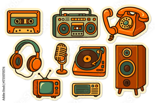 Retro groovy sticker pack of 70s and 80s vintage electronics. Old school music and media icons like cassette, boombox, turntable, vinyl record player, tv, radio and phone.