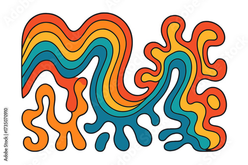 Groovy psychedelic background in 1960s and 1970s vintage hippie style. Abstract vector illustration with liquid flowing wavy lines and rainbow colors. Retro liquid art design.