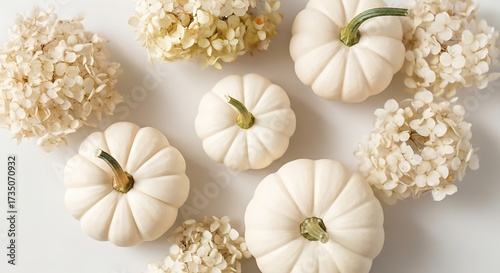 Wallpaper Mural Elegant autumn arrangement with white pumpkins and dried hydrangea blossoms flat lay Torontodigital.ca