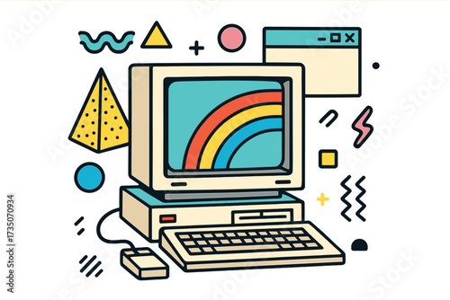 Retro computer in 90s Memphis style. Old PC with rainbow on screen and UI window. Nostalgic 80s technology with abstract geometric shapes. Vaporwave aesthetic vector art.