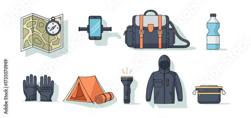 Camping equipment illustration backpack map phone bottle tent flashlight jacket gloves