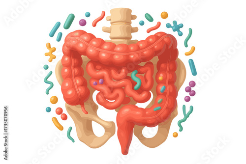 Gut microbiome vector illustration. Healthy digestive system concept. 3D human intestines and colon with gut flora, bacteria, probiotics. Anatomy of digestion and gut health.