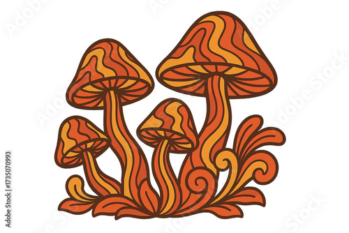 Magic mushrooms in 70s retro groovy style. Psychedelic hippie art illustration. Trippy pattern fungi. Hand-drawn vector cartoon for t-shirt, poster, sticker graphic design.