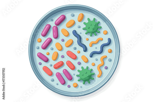 3d render top view petri dish with colorful microorganisms. Bacteria culture, bacillus, germs, virus. Microbiology and bacteriology laboratory research. Science gut flora concept.