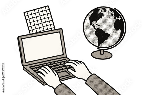 Back to school concept. E-learning and global education vector illustration. Hands typing on laptop with globe. Online course and distance learning. Retro 90s halftone zine style.