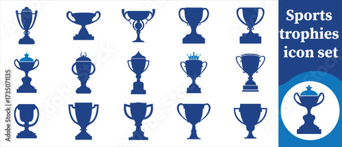 Sports trophy icon set, leader, excellence, honor, recognition, number, white, material, goal, motivation, best, modern, top, victory, set, star, blue, foot, flat, leadership and more